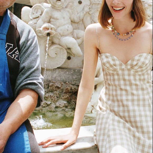 Zara Gingham Checked Linen Bustier Sweetheart Mini Dress Tan White S - Picture 6 of 12